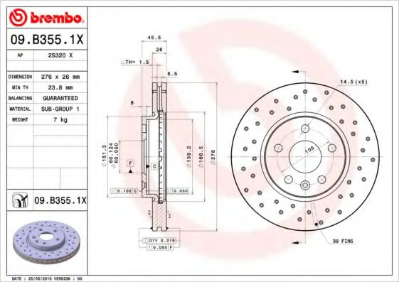 Disc frana OPEL ASTRA J (2009 - 2016) BREMBO 09.B355.1X piesa NOUA