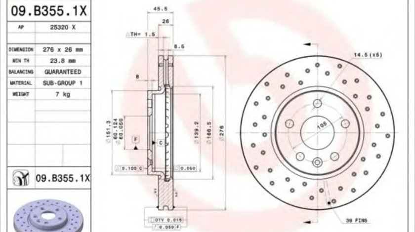 Disc frana OPEL ASTRA J (2009 - 2016) BREMBO 09.B355.1X piesa NOUA