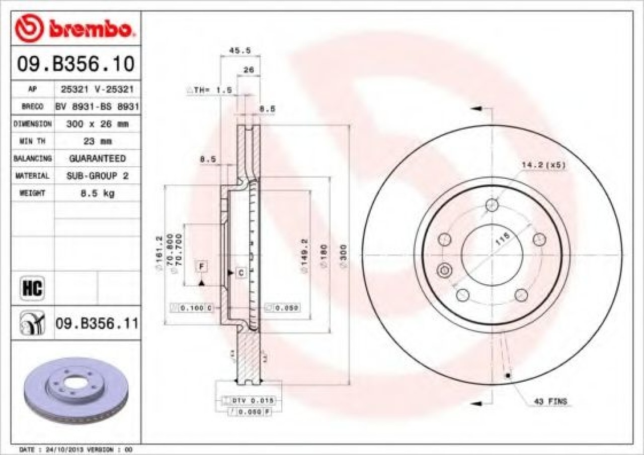 Disc frana OPEL ASTRA J GTC (2011 - 2016) BREMBO 09.B356.11 piesa NOUA