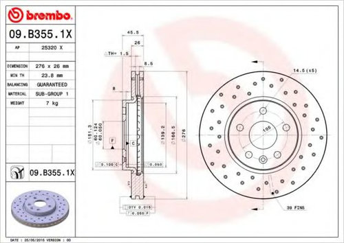 Disc frana OPEL ASTRA J GTC (2011 - 2016) BREMBO 09.B355.1X piesa NOUA