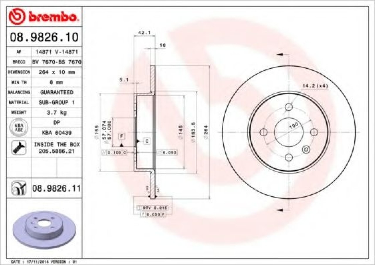 Disc frana OPEL COMBO Tour (2001 - 2016) BREMBO 08.9826.11 piesa NOUA