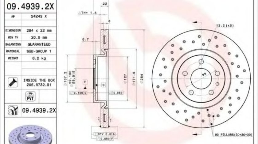 Disc frana OPEL COMBO Tour (X12) (2012 - 2016) BREMBO 09.4939.2X piesa NOUA