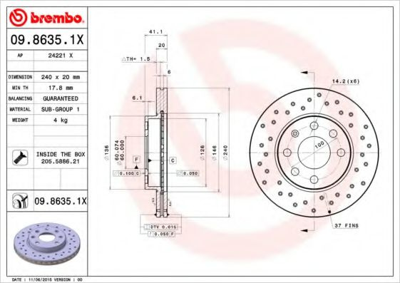 Disc frana OPEL CORSA C (F08, F68) (2000 - 2009) BREMBO 09.8635.1X piesa NOUA