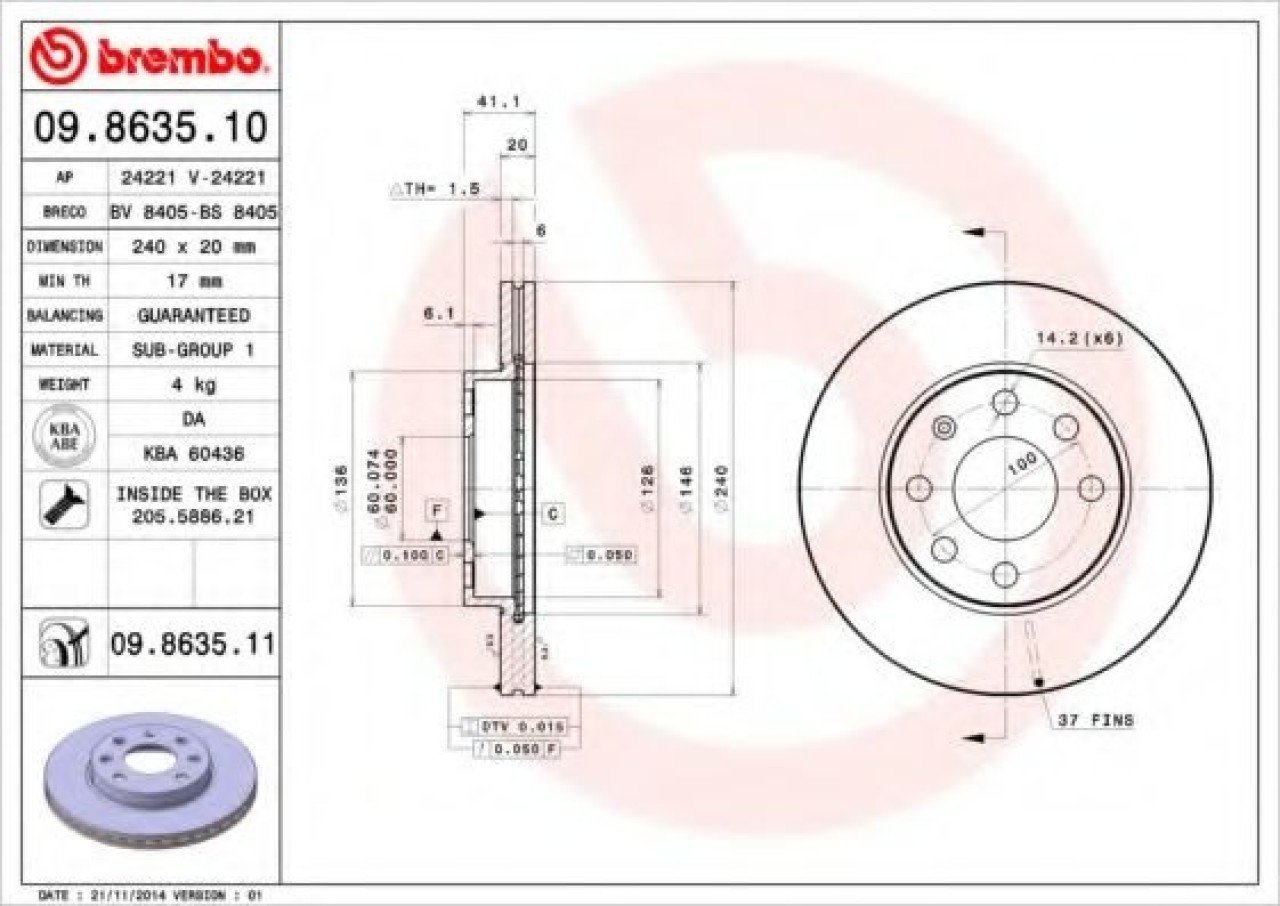 Disc frana OPEL CORSA C (F08, F68) (2000 - 2009) BREMBO 09.8635.11 piesa NOUA