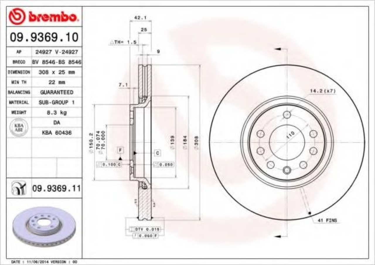 Disc frana OPEL CORSA D (2006 - 2016) BREMBO 09.9369.11 piesa NOUA