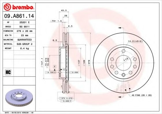 Disc frana OPEL CORSA D (2006 - 2016) BREMBO 09.A861.14 piesa NOUA