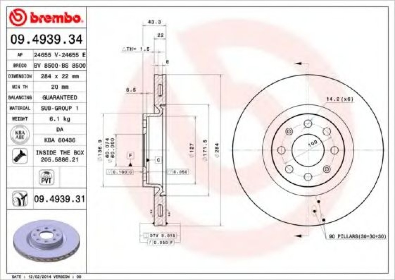 Disc frana OPEL CORSA E (2014 - 2016) BREMBO 09.4939.31 piesa NOUA