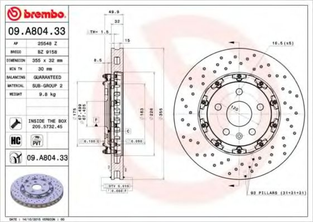 Disc frana OPEL INSIGNIA (2008 - 2016) BREMBO 09.A804.33 piesa NOUA