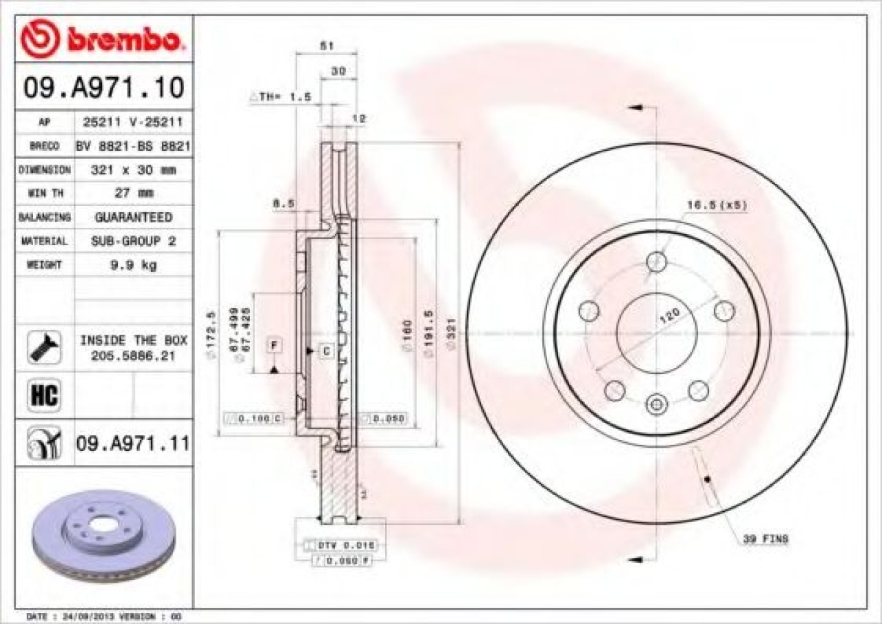 Disc frana OPEL INSIGNIA (2008 - 2016) BREMBO 09.A971.11 piesa NOUA