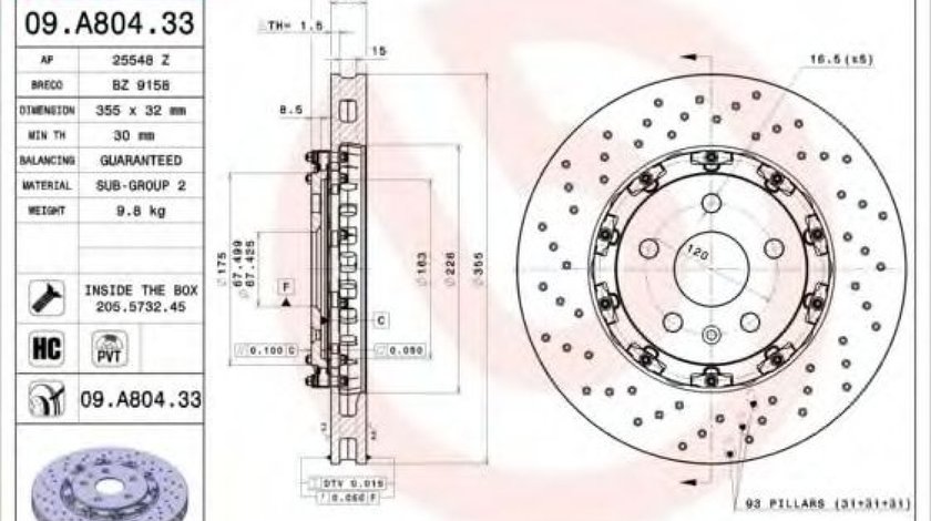 Disc frana OPEL INSIGNIA Limuzina (2008 - 2016) BREMBO 09.A804.33 piesa NOUA