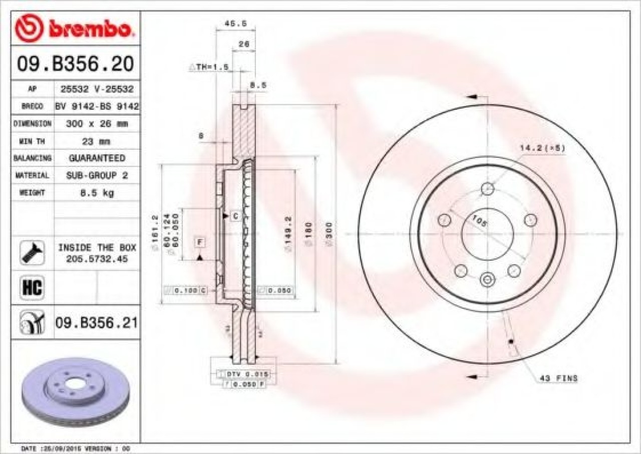 Disc frana OPEL MOKKA (2012 - 2016) BREMBO 09.B356.21 piesa NOUA