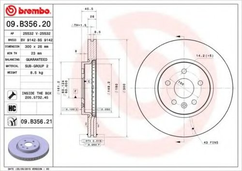 Disc frana OPEL MOKKA (2012 - 2016) BREMBO 09.B356.21 piesa NOUA