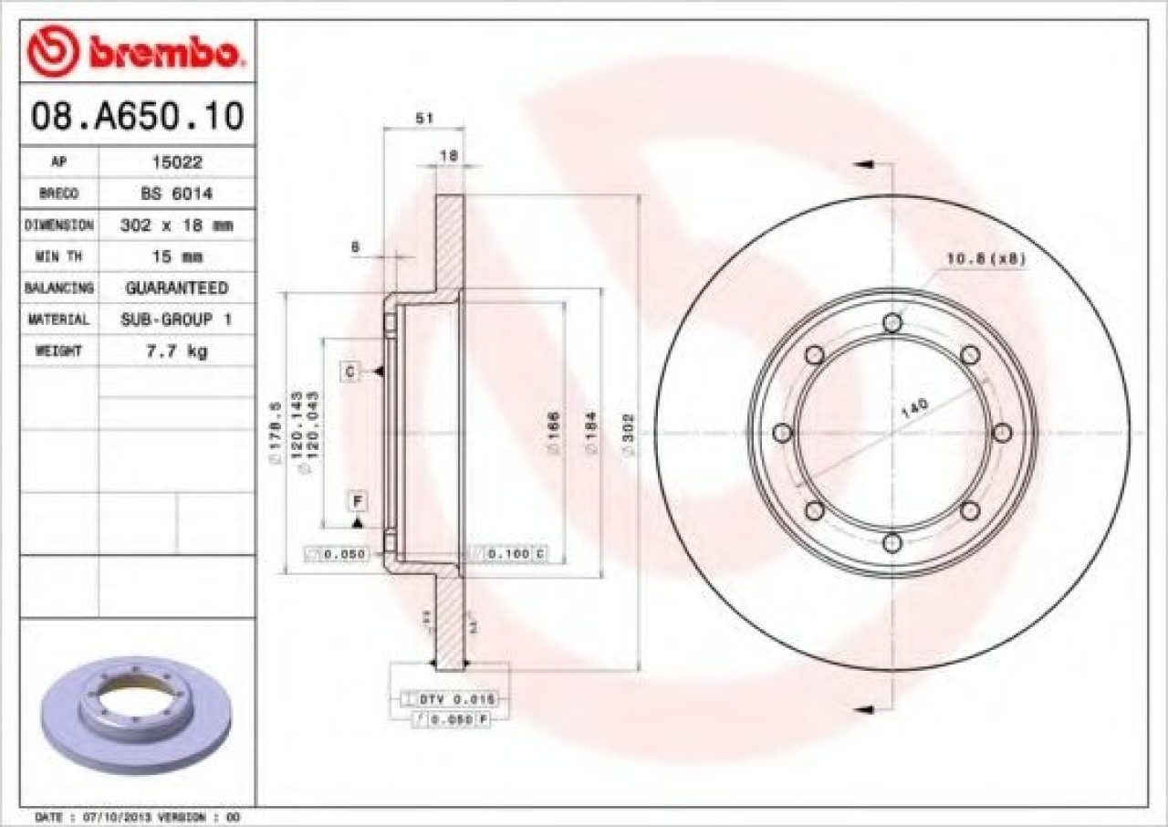 Disc frana OPEL MOVANO B platou / sasiu (2010 - 2016) BREMBO 08.A650.10 piesa NOUA