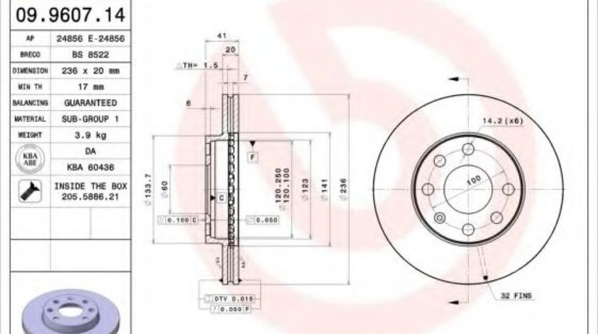 Disc frana OPEL TIGRA (95) (1994 - 2000) BREMBO 09.9607.14 piesa NOUA