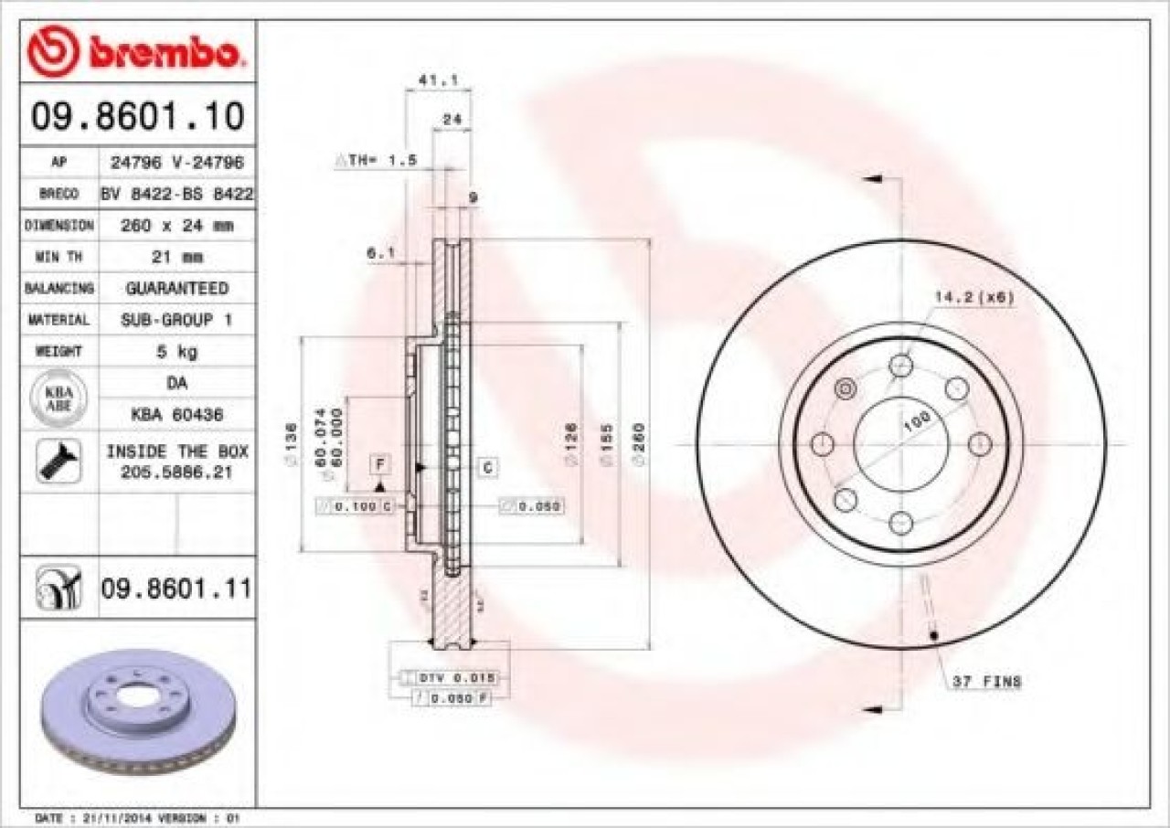 Disc frana OPEL TIGRA TwinTop (2004 - 2016) BREMBO 09.8601.11 piesa NOUA