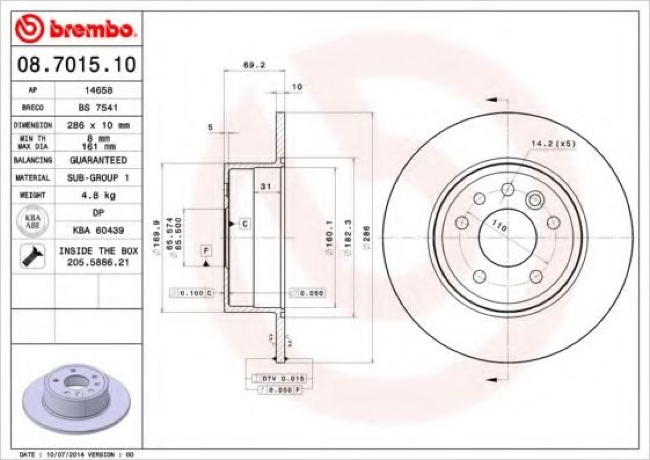 Disc frana OPEL VECTRA B Combi (31) (1996 - 2003) BREMBO 08.7015.10 piesa NOUA