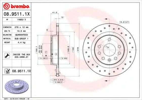 Disc frana OPEL VECTRA C (2002 - 2016) BREMBO 08.9511.1X piesa NOUA