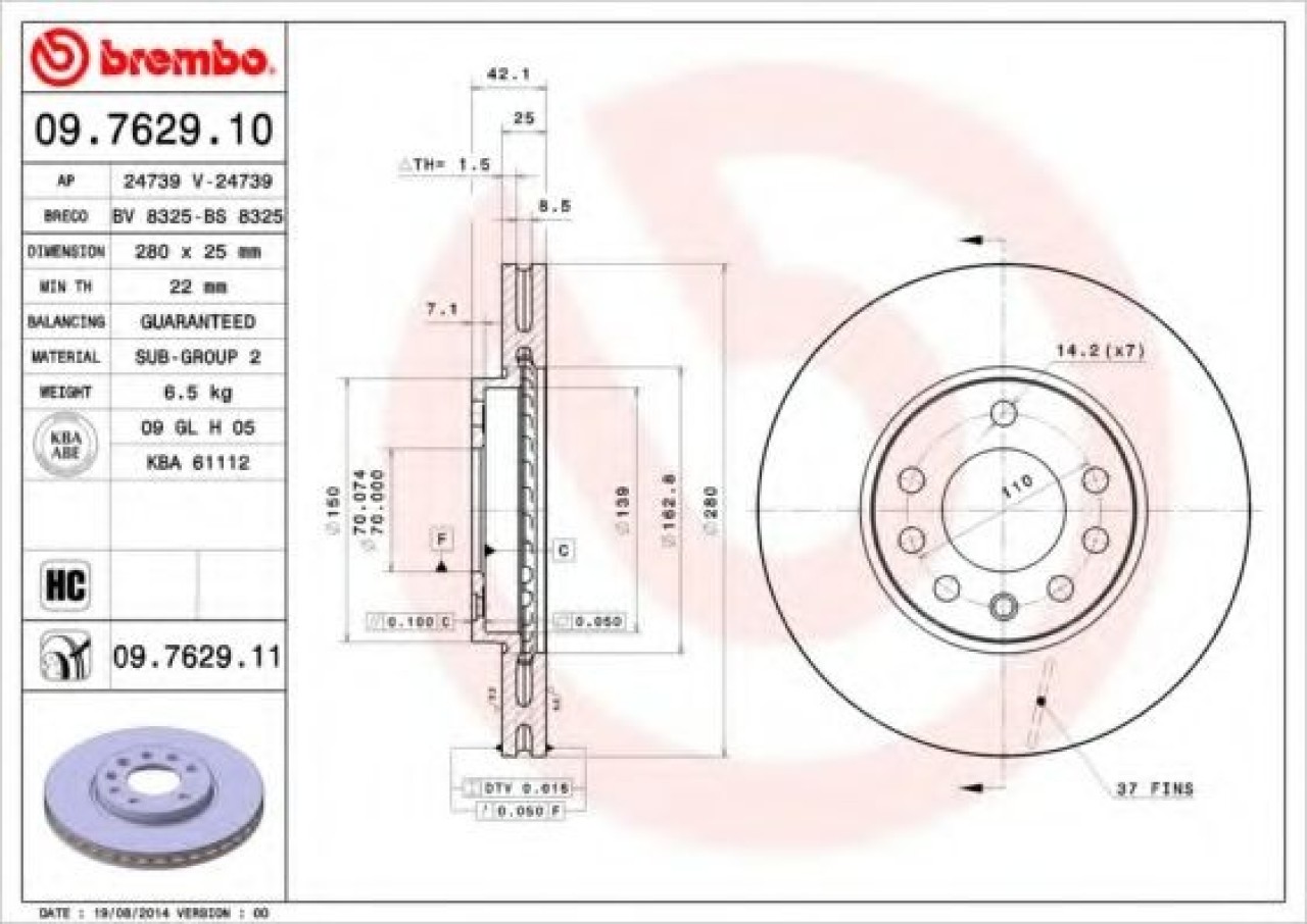 Disc frana OPEL ZAFIRA A (F75) (1999 - 2005) BREMBO 09.7629.11 piesa NOUA