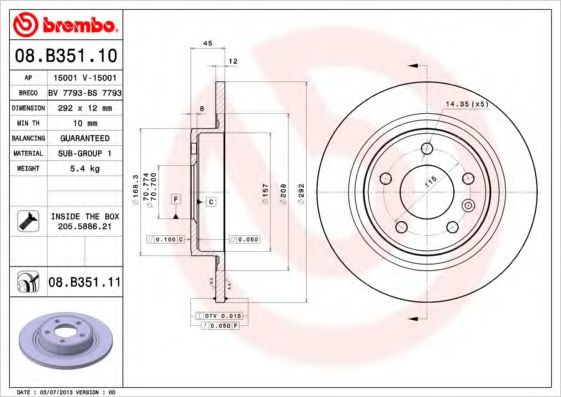 Disc frana OPEL ZAFIRA TOURER C (P12) (2011 - 2016) BREMBO 08.B351.11 piesa NOUA