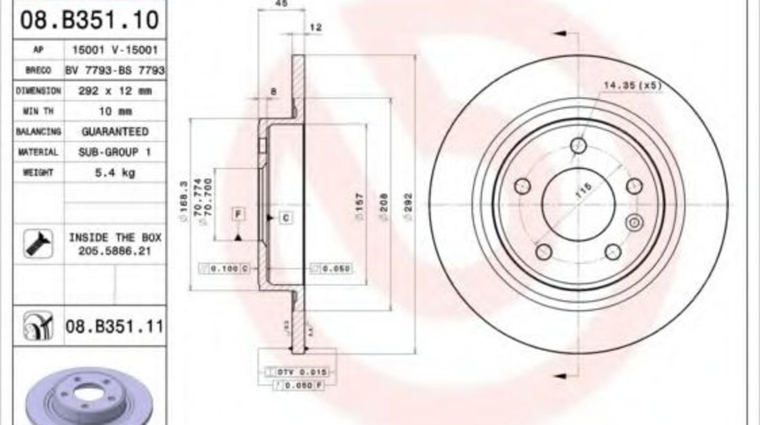 Disc frana OPEL ZAFIRA TOURER C (P12) (2011 - 2016) BREMBO 08.B351.11 piesa NOUA