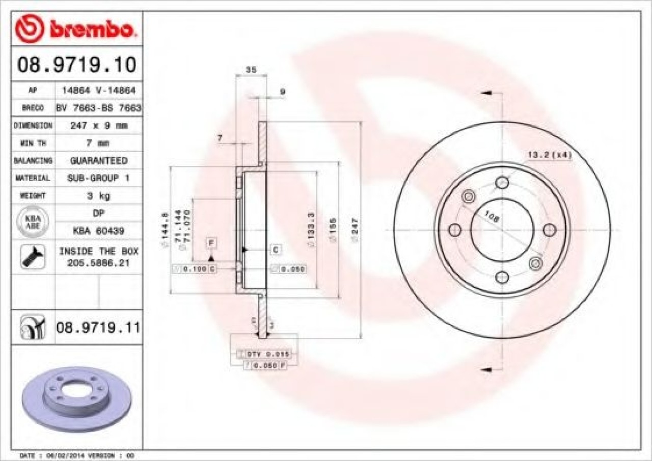 Disc frana PEUGEOT 1007 (KM) (2005 - 2016) BREMBO 08.9719.11 piesa NOUA