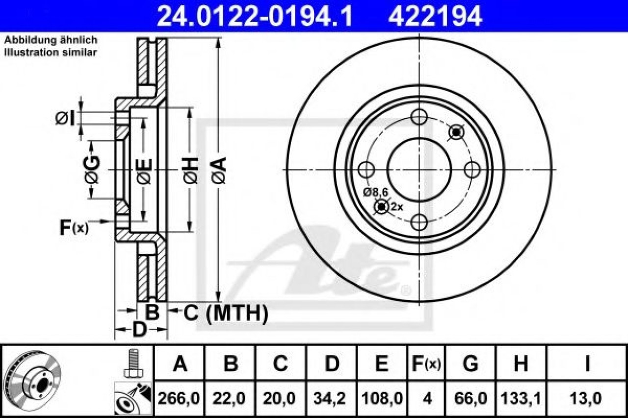Disc frana PEUGEOT 206 CC (2D) (2000 - 2016) ATE 24.0122-0194.1 piesa NOUA