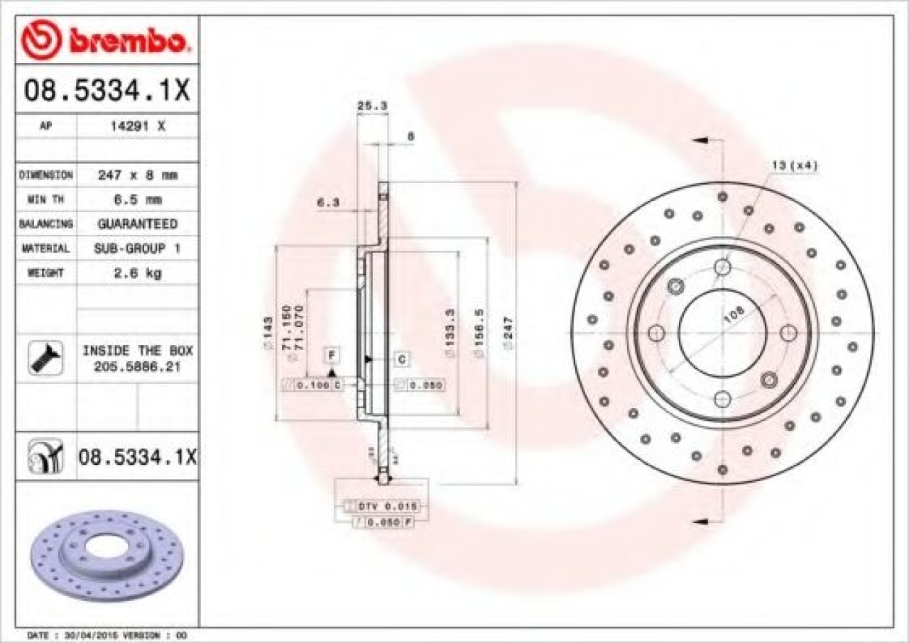 Disc frana PEUGEOT 206 CC (2D) (2000 - 2016) BREMBO 08.5334.1X piesa NOUA