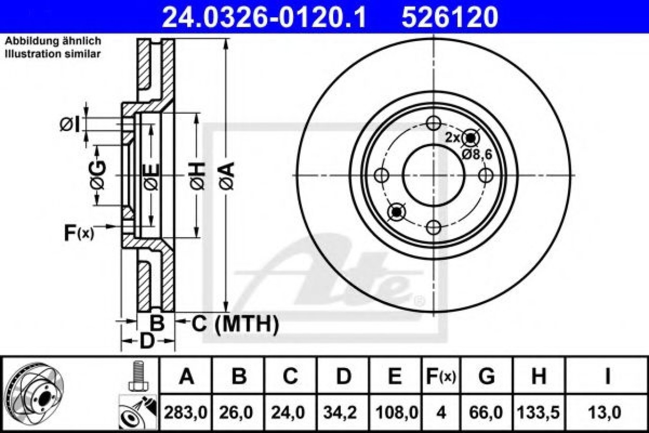 Disc frana PEUGEOT 207 (WA, WC) (2006 - 2016) ATE 24.0326-0120.1 piesa NOUA