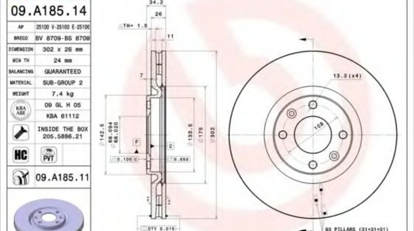 Disc frana PEUGEOT 208 (2012 - 2016) BREMBO 09.A185.11 piesa NOUA