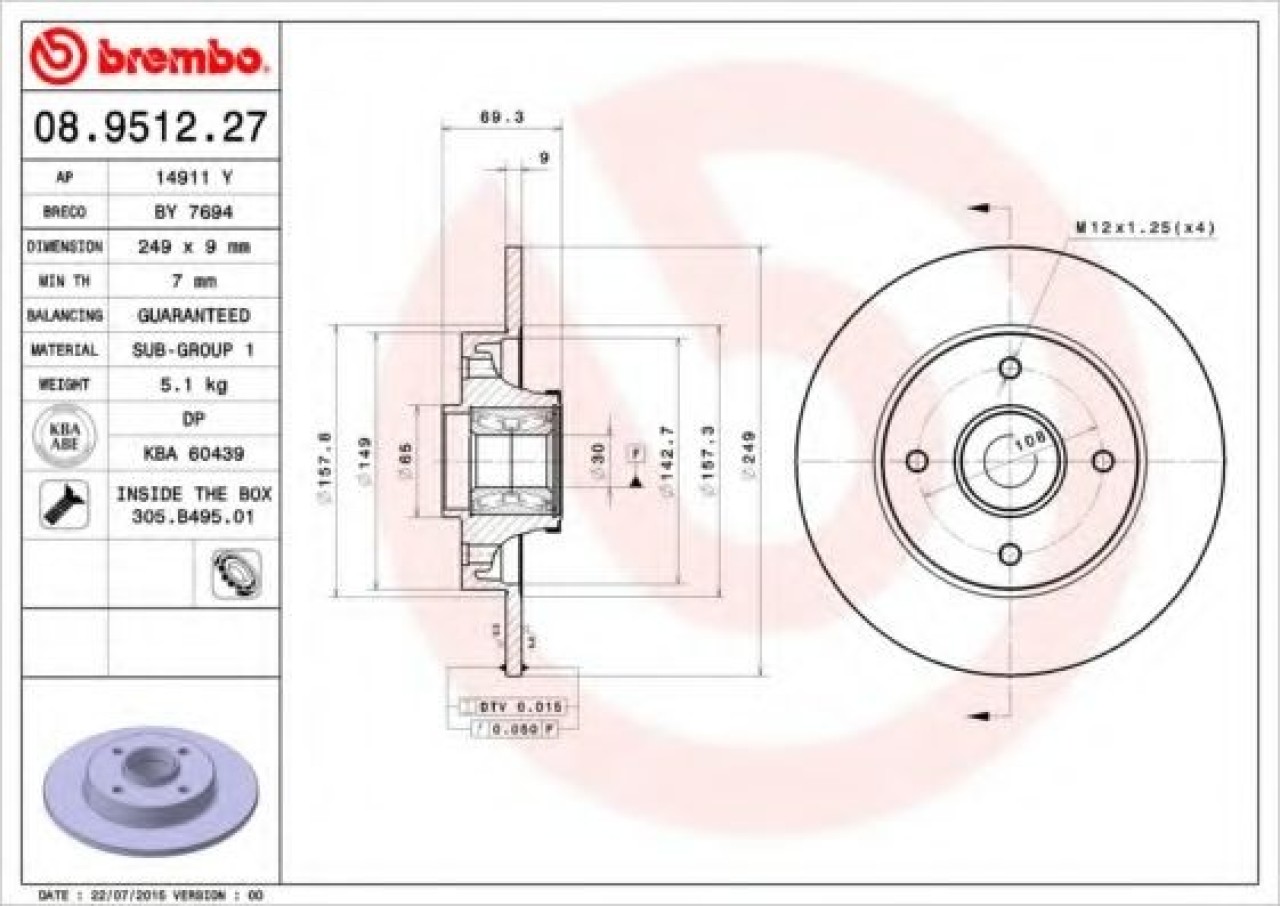 Disc frana PEUGEOT 307 CC (3B) (2003 - 2016) BREMBO 08.9512.27 piesa NOUA