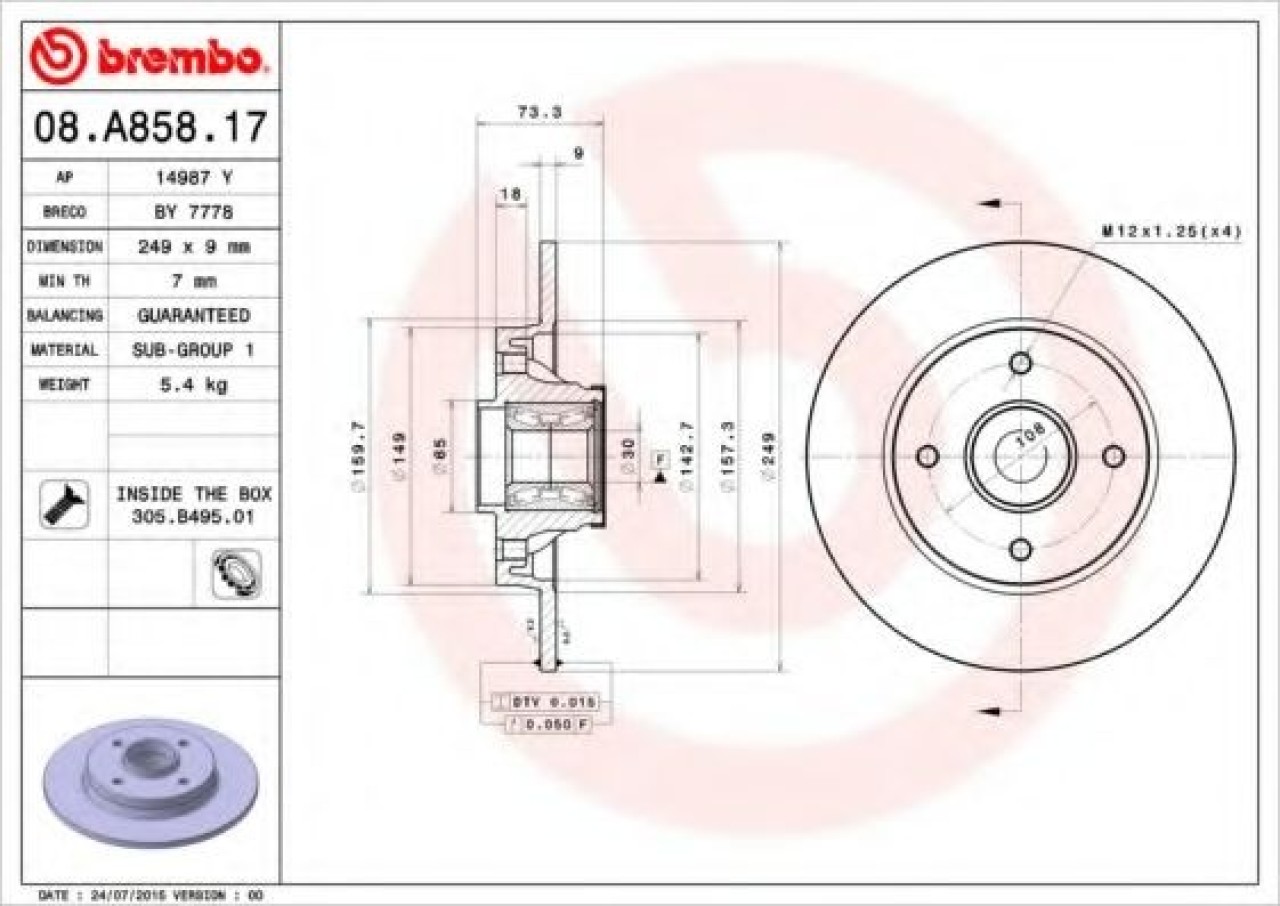 Disc frana PEUGEOT 308 (4A, 4C) (2007 - 2016) BREMBO 08.A858.17 piesa NOUA