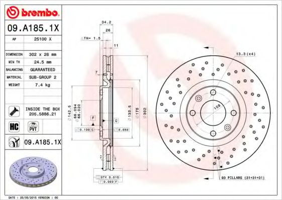 Disc frana PEUGEOT 308 (4A, 4C) (2007 - 2016) BREMBO 09.A185.1X piesa NOUA