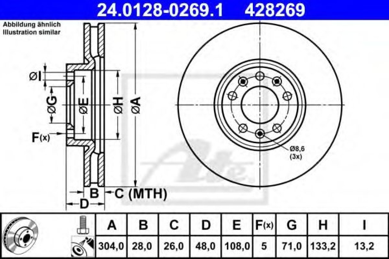 Disc frana PEUGEOT 308 II SW (2014 - 2016) ATE 24.0128-0269.1 piesa NOUA