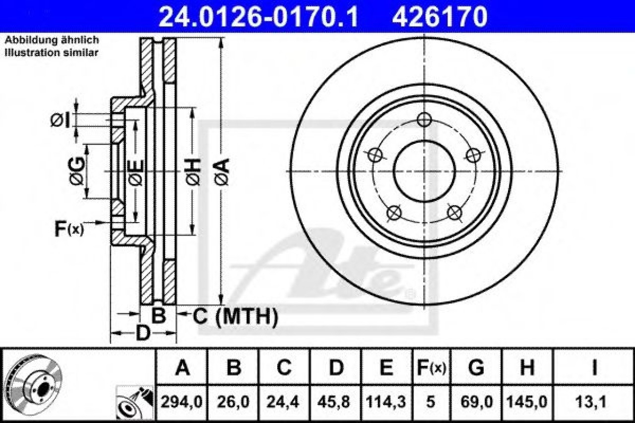 Disc frana PEUGEOT 4008 (2012 - 2016) ATE 24.0126-0170.1 piesa NOUA