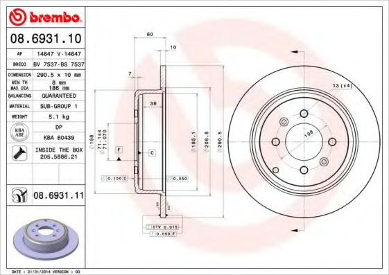 Disc frana PEUGEOT 406 (8B) (1995 - 2005) BREMBO 08.6931.11 piesa NOUA