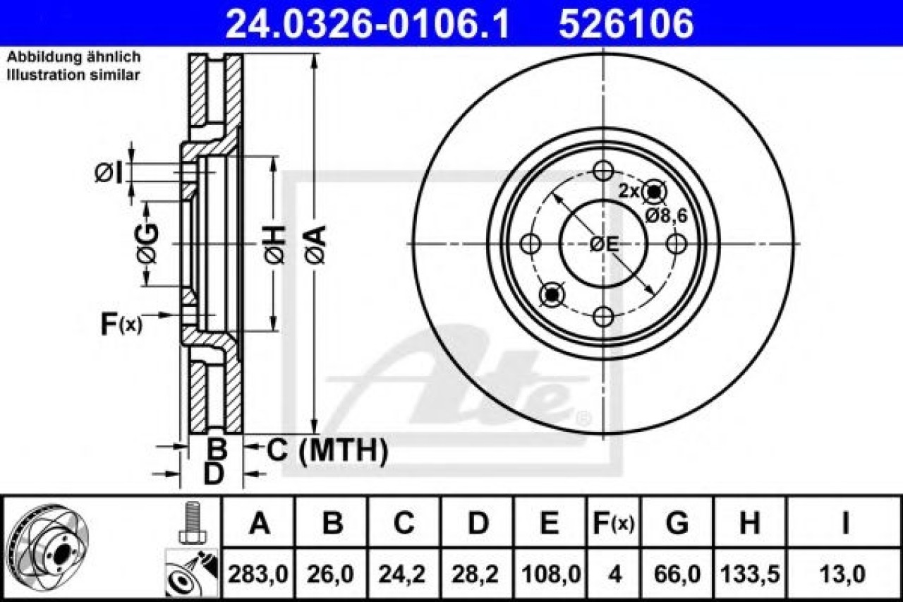 Disc frana PEUGEOT 406 Estate (8E/F) (1996 - 2004) ATE 24.0326-0106.1 piesa NOUA