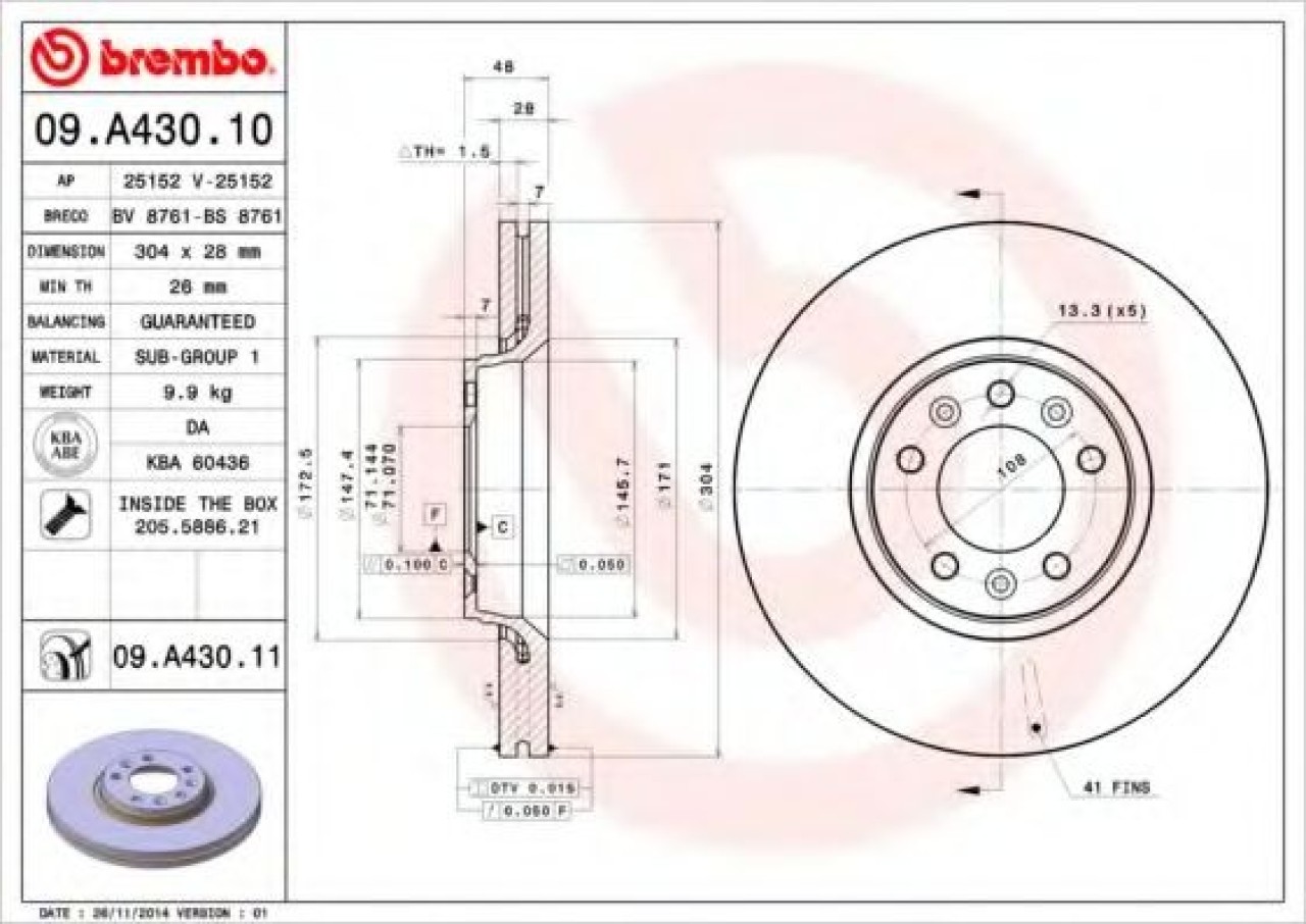 Disc frana PEUGEOT 407 (6D) (2004 - 2016) BREMBO 09.A430.11 piesa NOUA