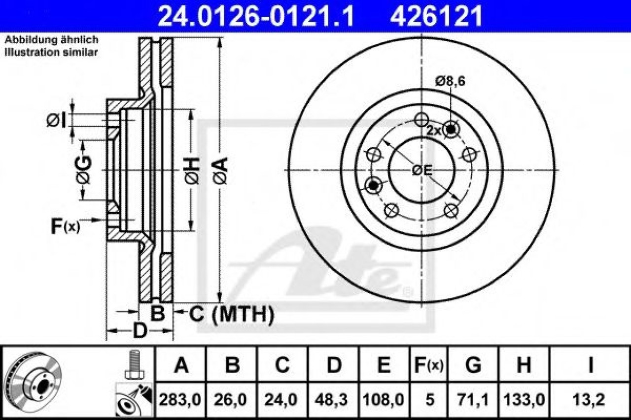 Disc frana PEUGEOT 607 (9D, 9U) (2000 - 2016) ATE 24.0126-0121.1 piesa NOUA