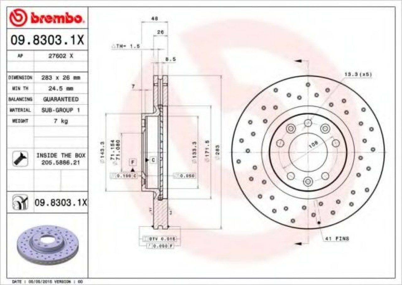 Disc frana PEUGEOT 607 (9D, 9U) (2000 - 2016) BREMBO 09.8303.1X piesa NOUA