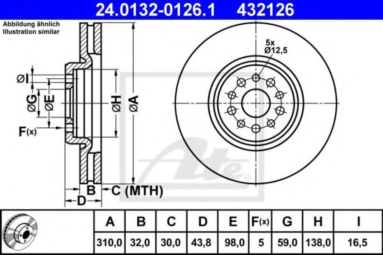 Disc frana PEUGEOT 807 (E) (2002 - 2016) ATE 24.0132-0126.1 piesa NOUA