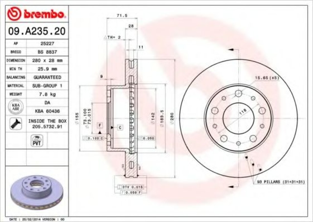 Disc frana PEUGEOT BOXER bus (2006 - 2016) BREMBO 09.A235.20 piesa NOUA