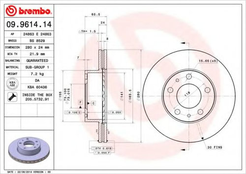 Disc frana PEUGEOT BOXER caroserie (230L) (1994 - 2002) BREMBO 09.9614.14 piesa NOUA