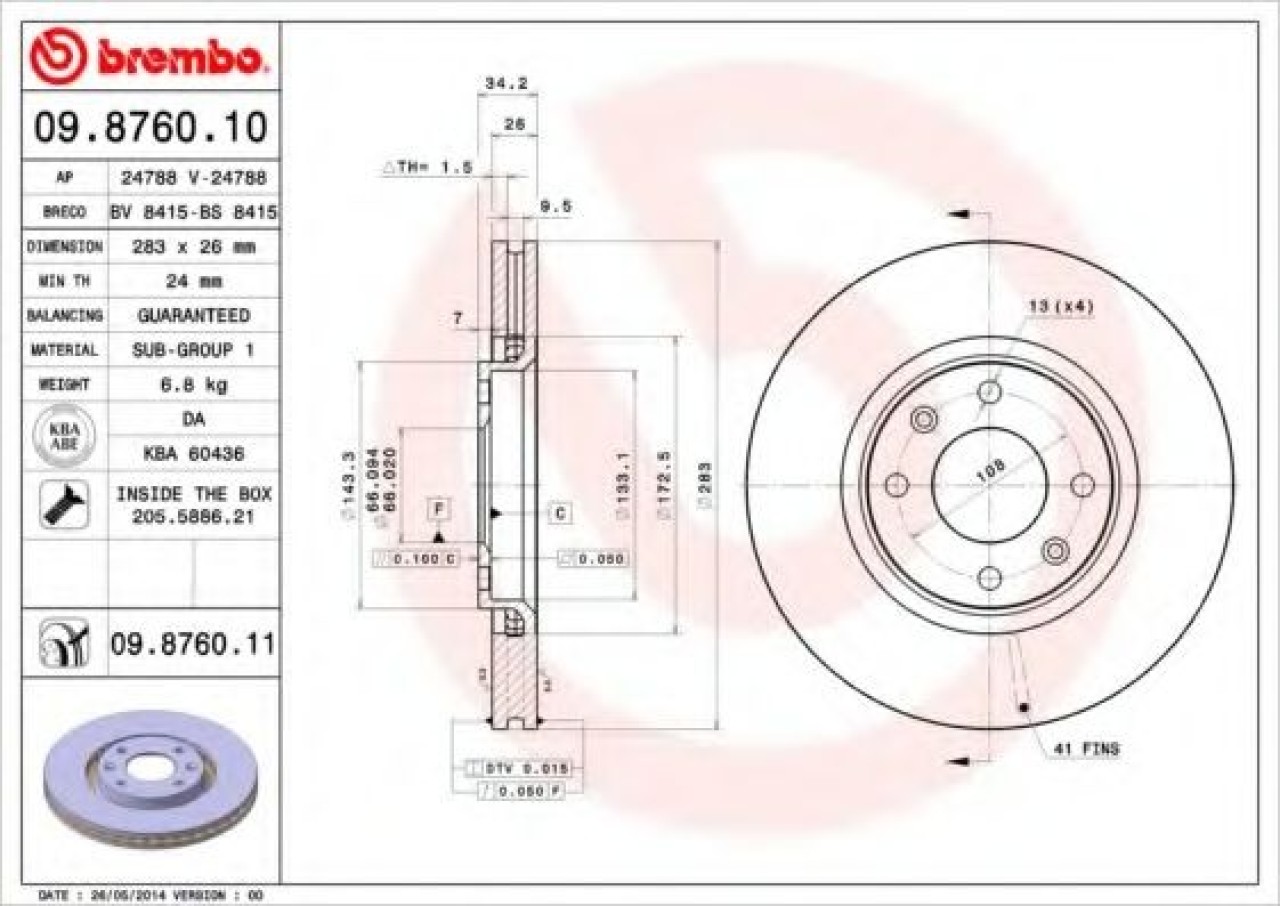 Disc frana PEUGEOT PARTNER combispace (5F) (1996 - 2012) BREMBO 09.8760.11 piesa NOUA