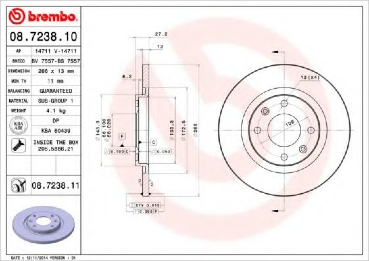 Disc frana PEUGEOT PARTNER combispace (5F) (1996 - 2012) BREMBO 08.7238.11 piesa NOUA