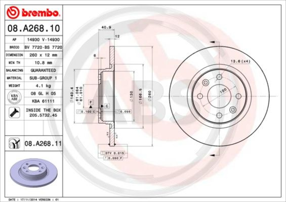 Disc frana punte fata (08A26811 ABS) DACIA,RENAULT,SMART