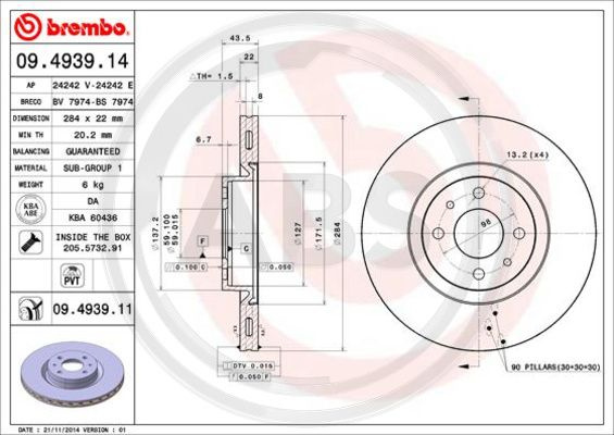 Disc frana punte fata (09493911 ABS) ABARTH,Citroen,FIAT,LANCIA,PEUGEOT