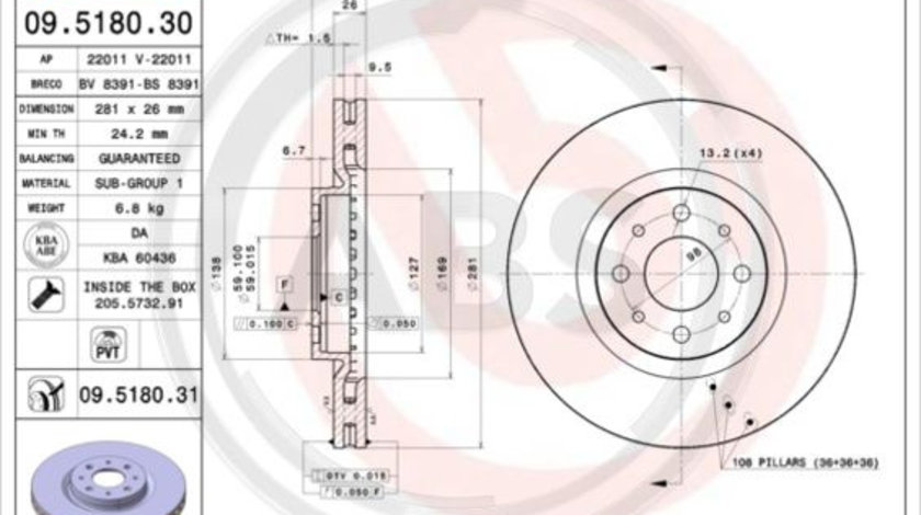 Disc frana punte fata (09518031 ABS) ALFA ROMEO,FIAT,LANCIA