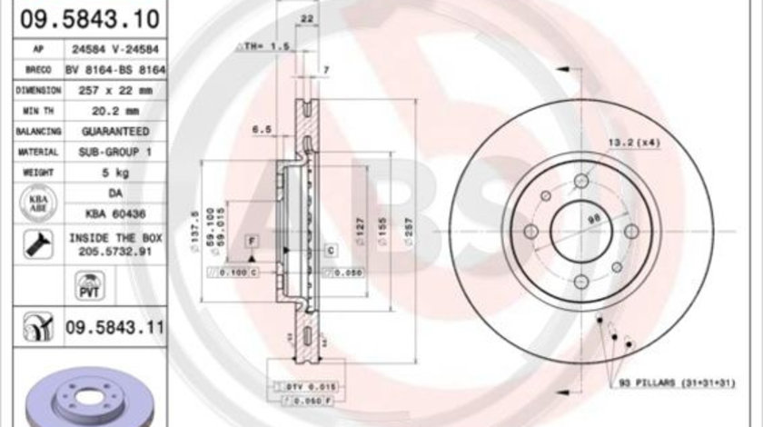 Disc frana punte fata (09584311 ABS) ALFA ROMEO,CHRYSLER,Citroen,FIAT,LANCIA,PEUGEOT