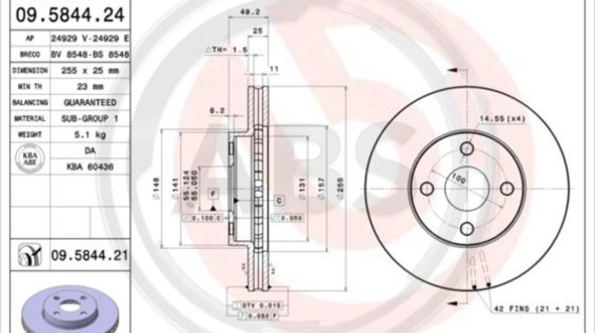 Disc frana punte fata (09584421 ABS) BYD,ENGLON,GEELY,GLEAGLE,LIFAN,MAPLE (SMA),TOYOTA,TOYOTA (FAW)