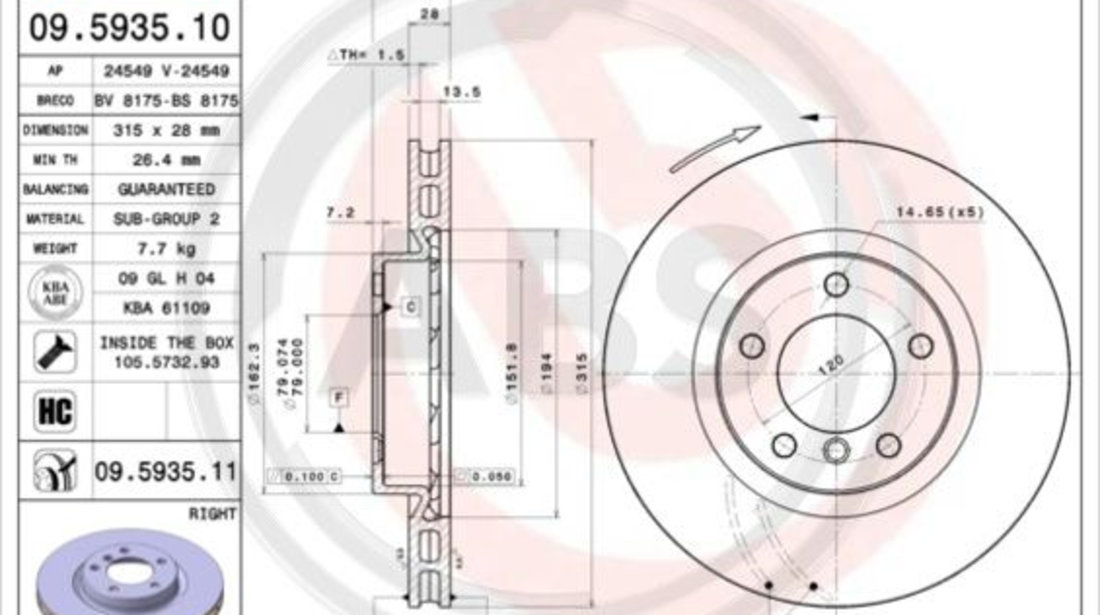 Disc frana punte fata (09593511 ABS) BMW,WIESMANN